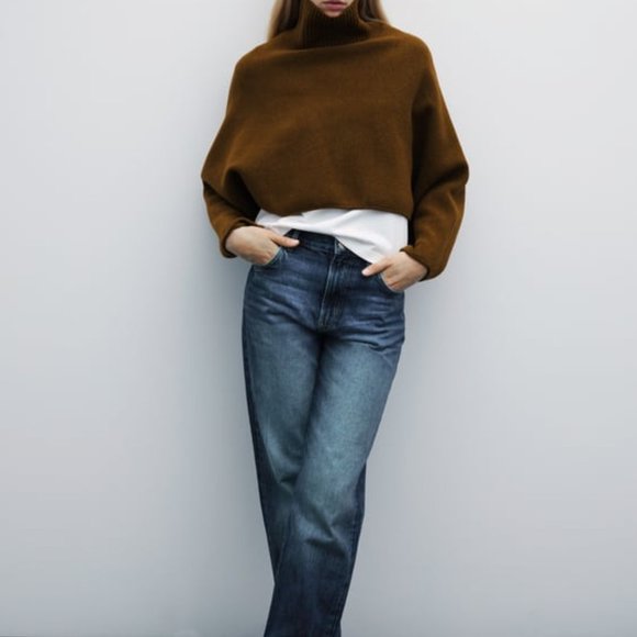 ZARA Brown Knit Turtleneck Crop Sweater with Button Sleeves Size Medium - Picture 4 of 9